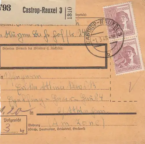 Paketkarte 1948: Castrop-Rauxel nach Eglfing