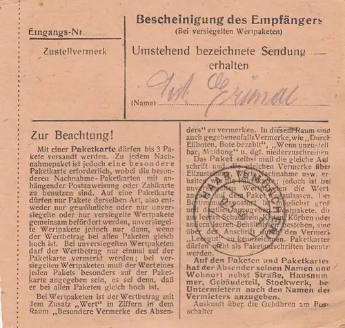 Carte de paquet 1948: Moosen par chef de service à Eglfing