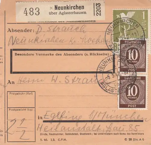 Paketkarte 1948: Neunkrichen nach Eglfing, Heilanstalt