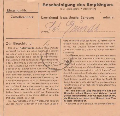 Paketkarte 1948: Neunkrichen nach Eglfing, Heilanstalt