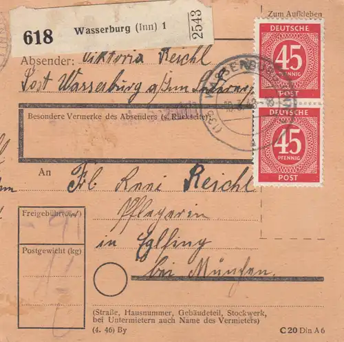Paketkarte 1948: Wasserburg nach Eglfing, Pflegerin