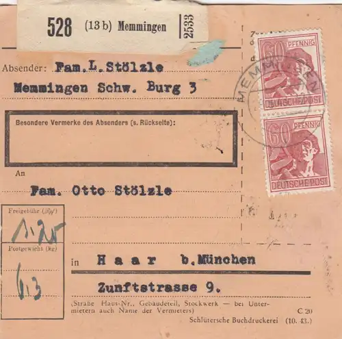 Paketkarte 1948: Memmingen nach Haar bei München
