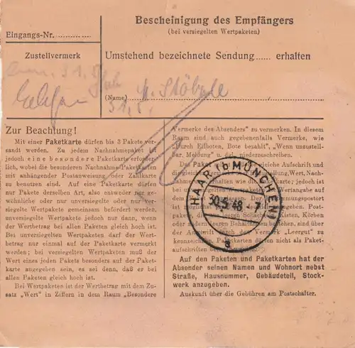 Carte de paquet 1948: Memmingen après Haar près de Munich