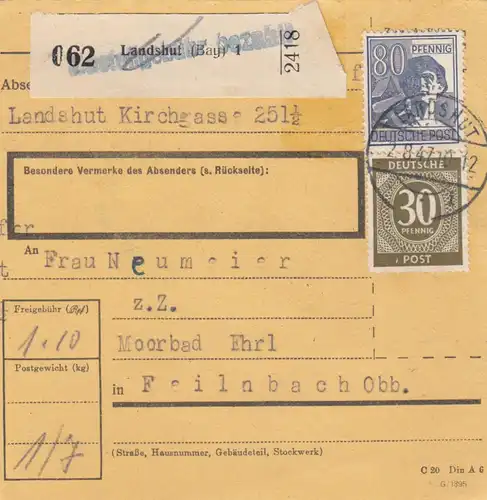 Carte de paquet 1947: Landshut vers Feilnbach Obb.