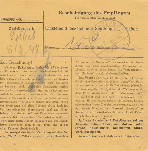 Carte de paquet 1947: Landshut vers Feilnbach Obb.