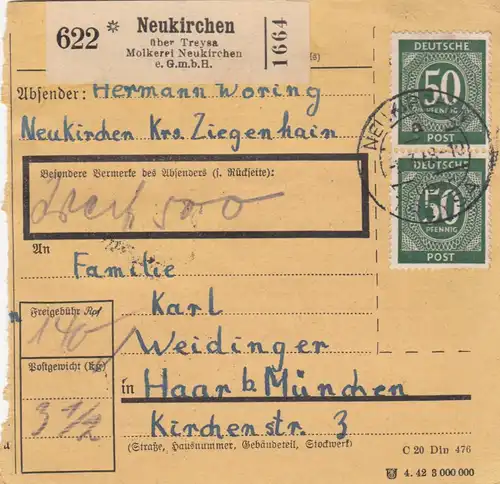 Paketkarte 1948: Molkerei Neukirchen nach Haar, Selbstbucher, Wertkarte