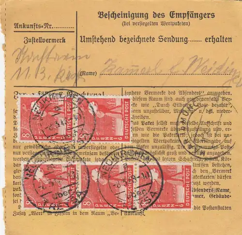 Carte de paquet 1948: laiterie Neukirchen par Haar, Auto-bookeur, carte de valeur