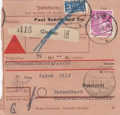 Carte de paquet BiZone 1948: Verser à Herschbach, Auto-booker, Accepter et Nopot.