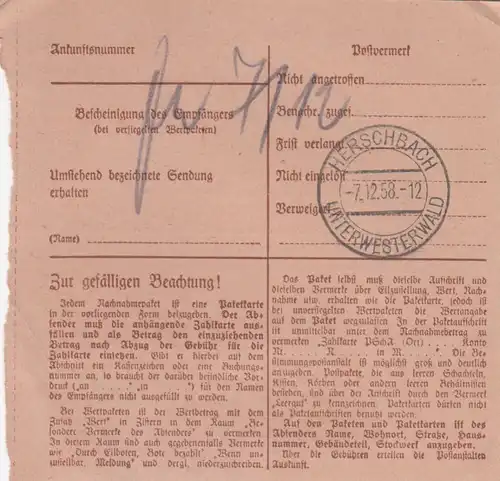 Carte de paquet BiZone 1948: Verser à Herschbach, Auto-booker, Accepter et Nopot.