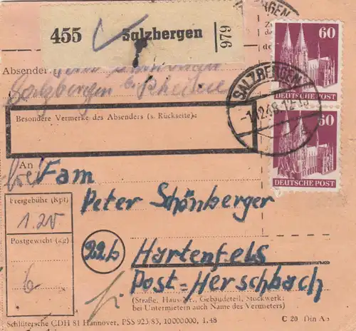 BiZone Paketkarte 1948: Salzbergen nach Hartenfels, Post Herschbach