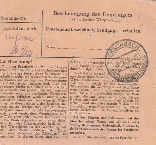 BiZone Paketkarte 1948: Salzbergen nach Hartenfels, Post Herschbach