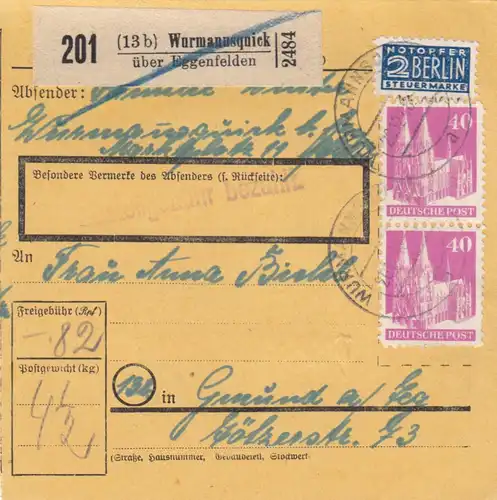 BiZone Paketkarte 1948: Wurmannsquick nach Gmund, Notopfer