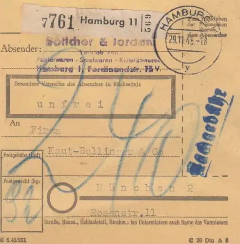 Carte de paquet BiZone 1948: Hambourg à Munich, frais supplémentaires