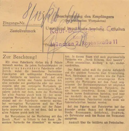 BiZone Paketkarte 1948: Hamburg nach München, Nachgebühr