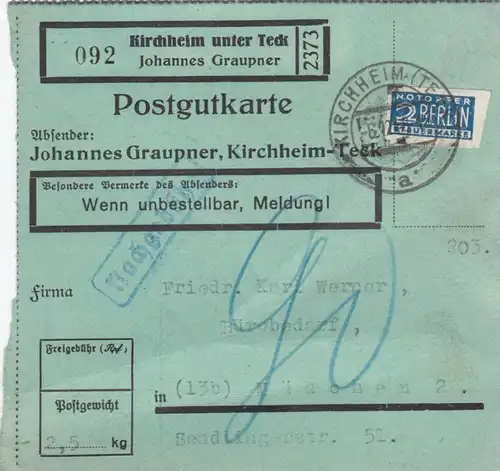 Carte de paquet BiZone 1948: Kirchheim Teck, Autob., Nopot. , Nachg. bes. Formul.