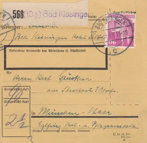 Carte de paquet BiZone 1948: Bad Kissingen vers Munich-Haar