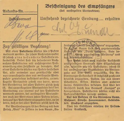 BiZone Paketkarte 1948 : Bad Kissingen nach München-Haar