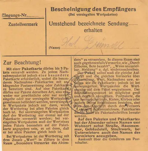 Carte de paquet 1948: Traunstein par Eglfing Cheveux, Carte
