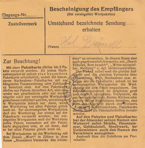 Paketkarte 1948 : Traunstein nach Haar-Eglfing, Wertkarte