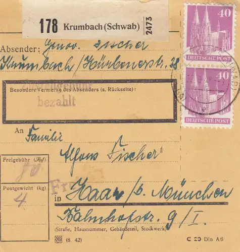 BiZone Paketkarte 1948 : Krumbach nach Haar München