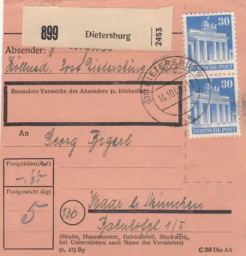 BiZone Paketkarte 1948 : Dietersburg nach Haar bei München