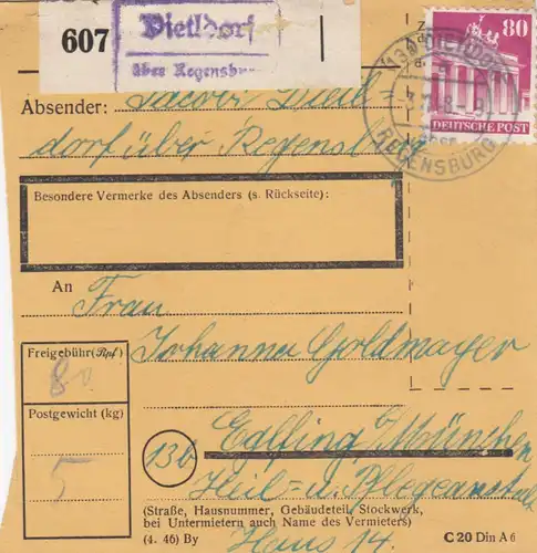 BiZone Paketkarte 1948 : Dietldorf nach Eglfing, Heilanstalt