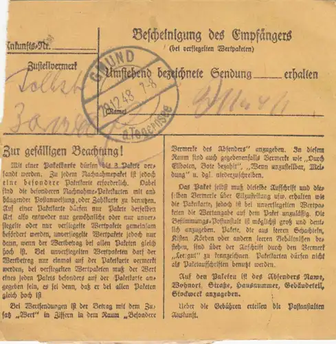 BiZone Paketkarte 1948 : Ziemetshausen nach Gmund, Selbstbucher, Notopfer