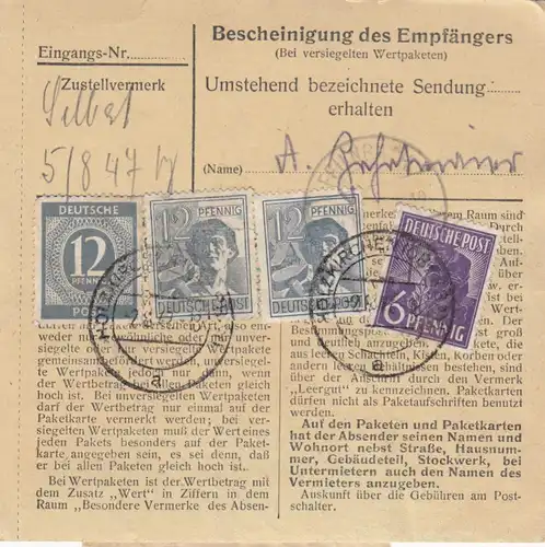 Paketkarte 1947: Apotheke Holzkirchen nach Post Feilnbach