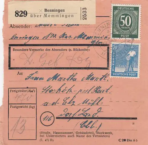 Carte de paquet 1948: Benningen vers Stockötz Hart a.d. Alz