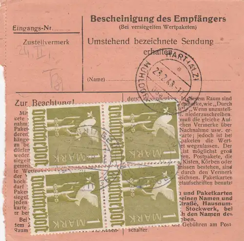 Paketkarte 1948: Benningen nach Stockötz Hart a.d. Alz