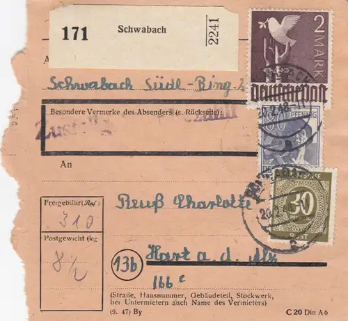 Carte de paquet 1948: Schwabach vers Hart a.d. Alz