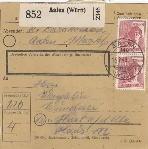 Carte de paquet 1948: Aalen vers Hart a.d. Alz