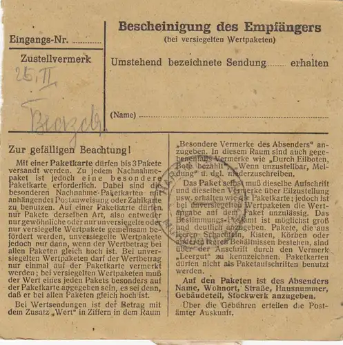 Paketkarte 1948: Aalen nach Hart a.d. Alz