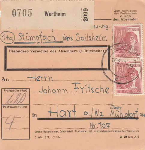 Carte de paquet 1948: Stimpfach Kreis Crailsheim vers Hart via Mühldorf