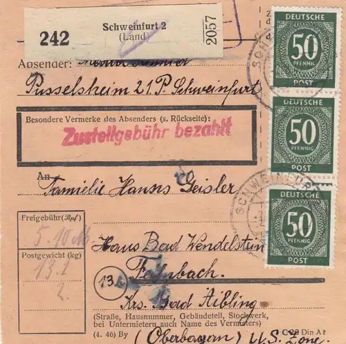 Paketkarte 1947: Pusselsheim Post Schweinfurt nach Feilnbach