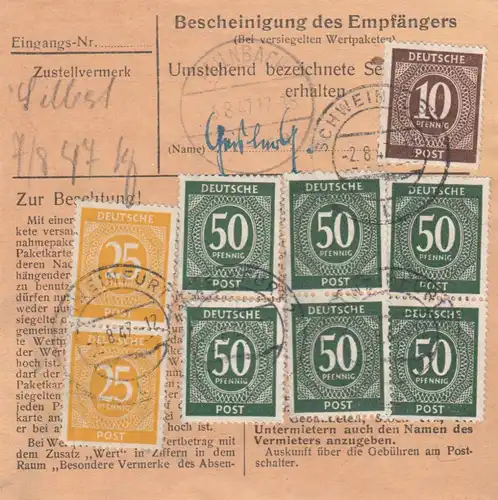 Carte de paquet 1947: Pusselsheim Post Schweinfurt vers Feilnbach