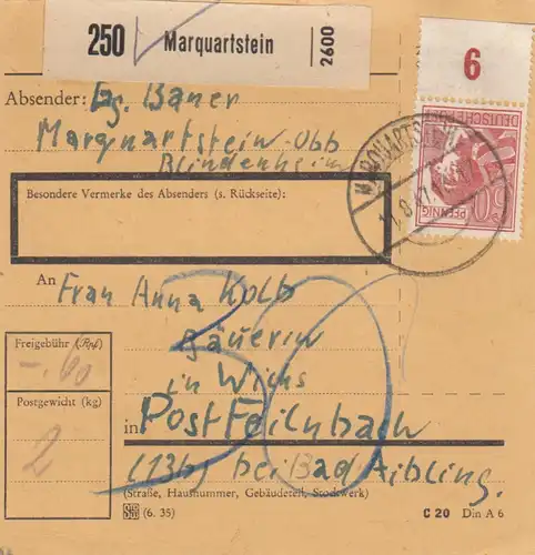 Paketkarte 1947: Marquartstein nach Wichs, Post Feilnbach, Nachgebühr