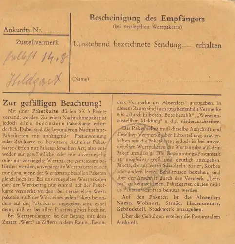 Paketkarte 1947: Marquartstein nach Wichs, Post Feilnbach, Nachgebühr