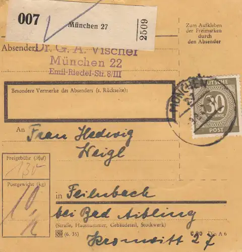 Carte de paquet 1947: Munich 27 vers Feilnbach bei Bad Aibling