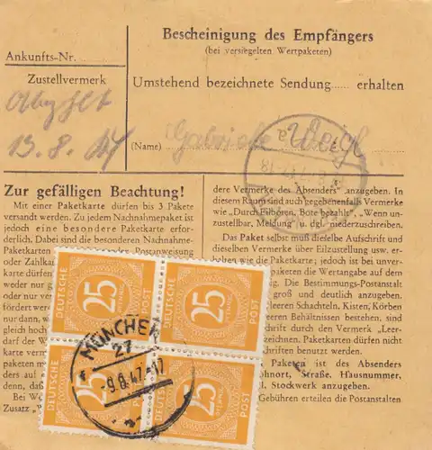Paketkarte 1947: München 27 nach Feilnbach bei Bad Aibling