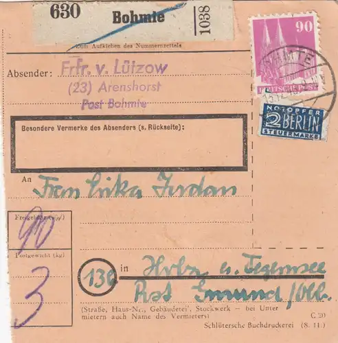 BiZone Paketkarte 1948: Bohmte nach Holz am Tegensee, Notopfer