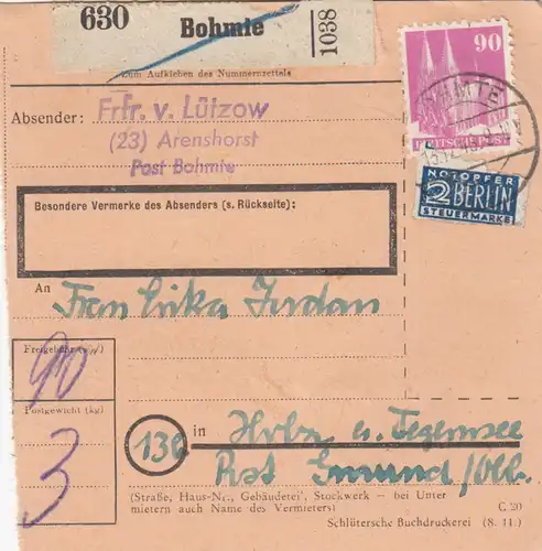Carte de paquet BiZone 1948: Bohmte selon bois au Tegensee, victimes d'urgence