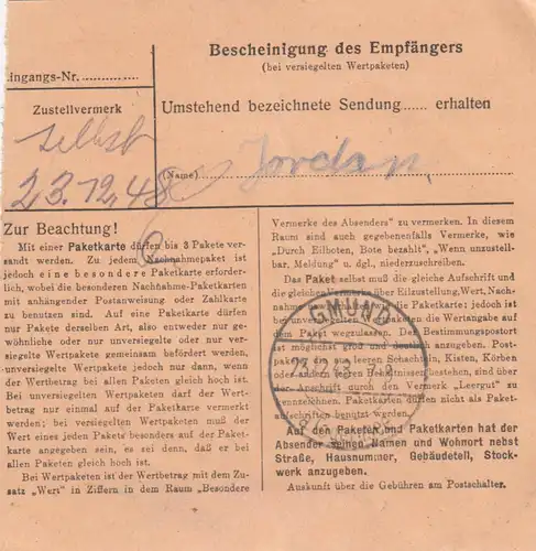 Carte de paquet BiZone 1948: Bohmte selon bois au Tegensee, victimes d'urgence
