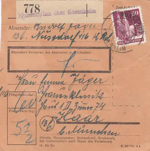 Carte de paquet BiZone 1948: Nussdorf sur Rosenheim à Haar près de Munich