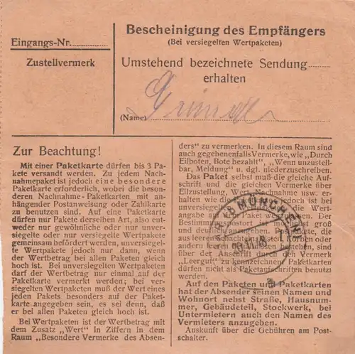 BiZone Paketkarte 1948: Nußdorf über Rosenheim nach Haar bei München