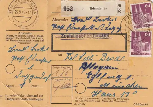 BiZone Paketkarte 1948: Edenstetten nach Eglfing, Pflegerin