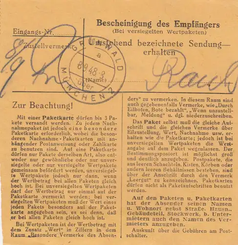 Carte de paquet BiZone 1948: Pfeffenhausen vers Grünwald