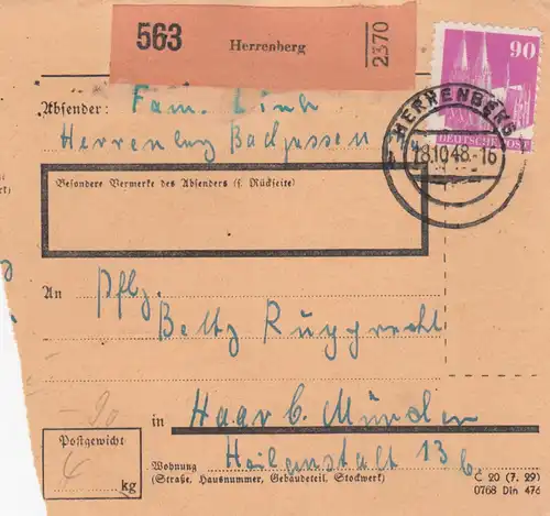 BiZone Paketkarte 1948: Herrenberg nach Haar b. München
