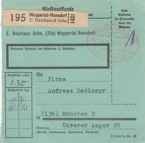 Carte de paquet BiZone 1949: Ronsdorf, Auto-booker, bes. Formu., Né. bez. Tampon
