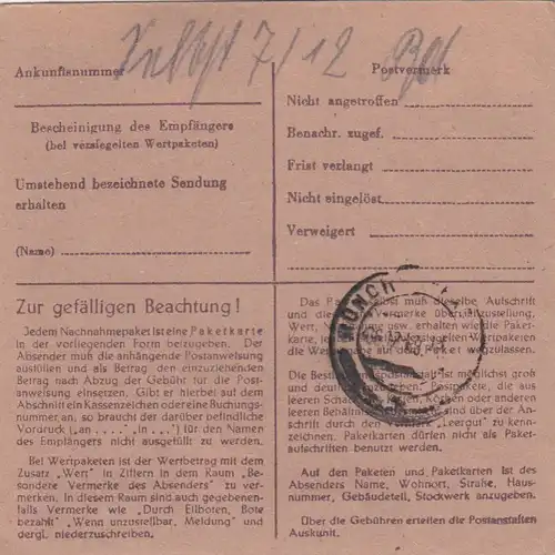 BiZone Paketkarte 1948: Wetter/Ruhr nach Aubing, Nachnahme, Nachgebühr, Notopf.